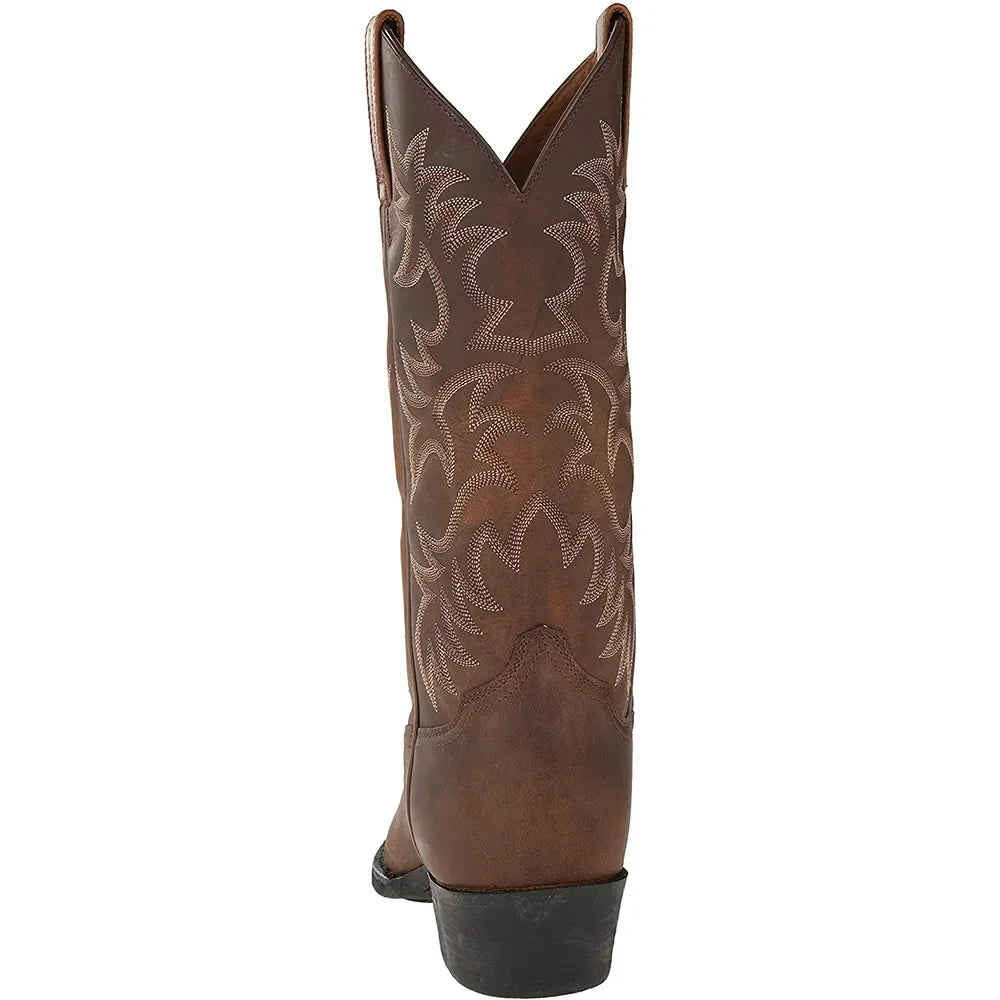 Men's tall cowboy boots with embroidered shaft detailing and low heels