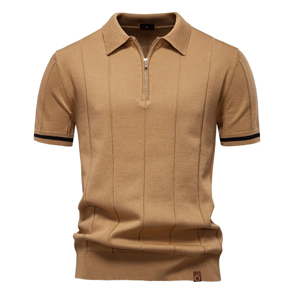 Men's short-sleeve polo shirt with half-zip collar and panel detail
