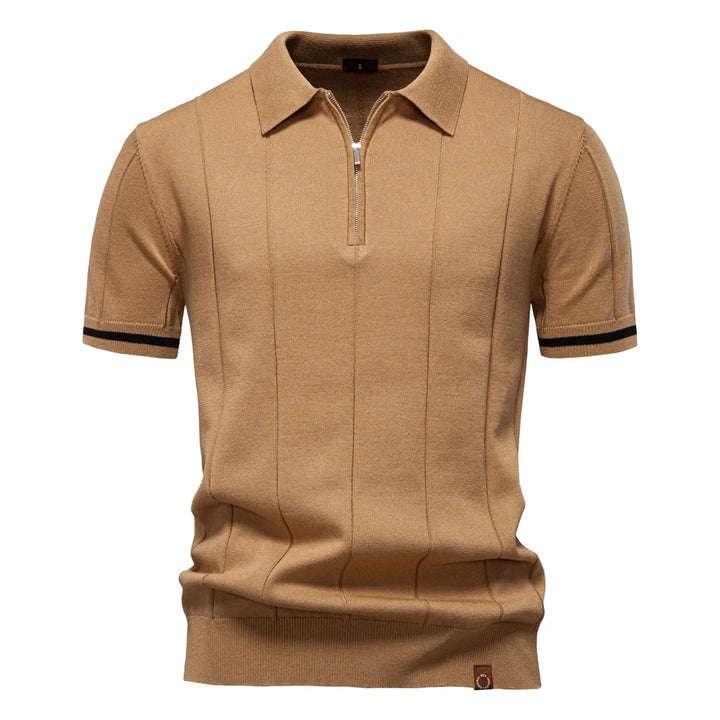Men's short-sleeve polo shirt with half-zip collar and panel detail