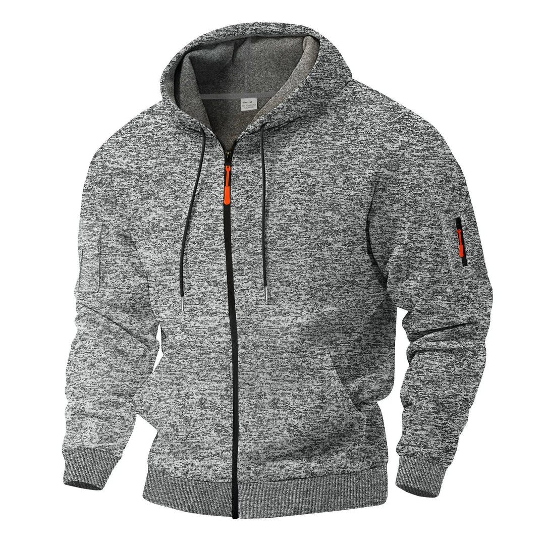 Men's textured fleece hooded jacket with full zip, front pockets and sleeve zip pocket