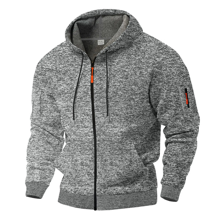 Men's textured fleece hooded jacket with full zip, front pockets and sleeve zip pocket