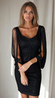 Women's sequin midi dress with V-neckline and long fringe sleeves in black and champagne.