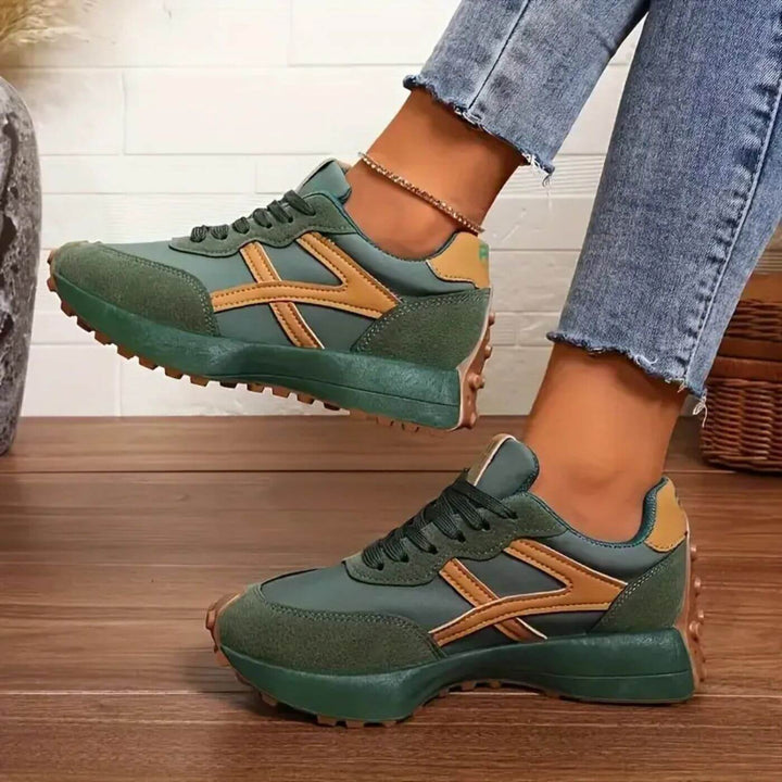 Women's black and beige geometric lace-up sneakers with textured soles