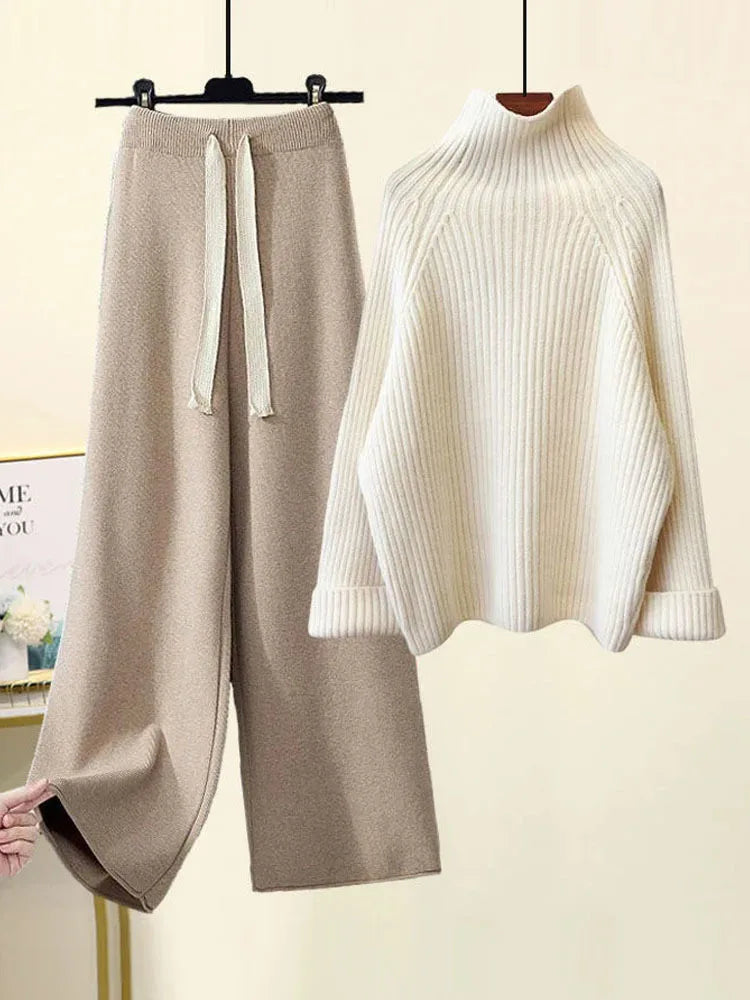 Women's ribbed jumper and wide-leg drawstring trousers set