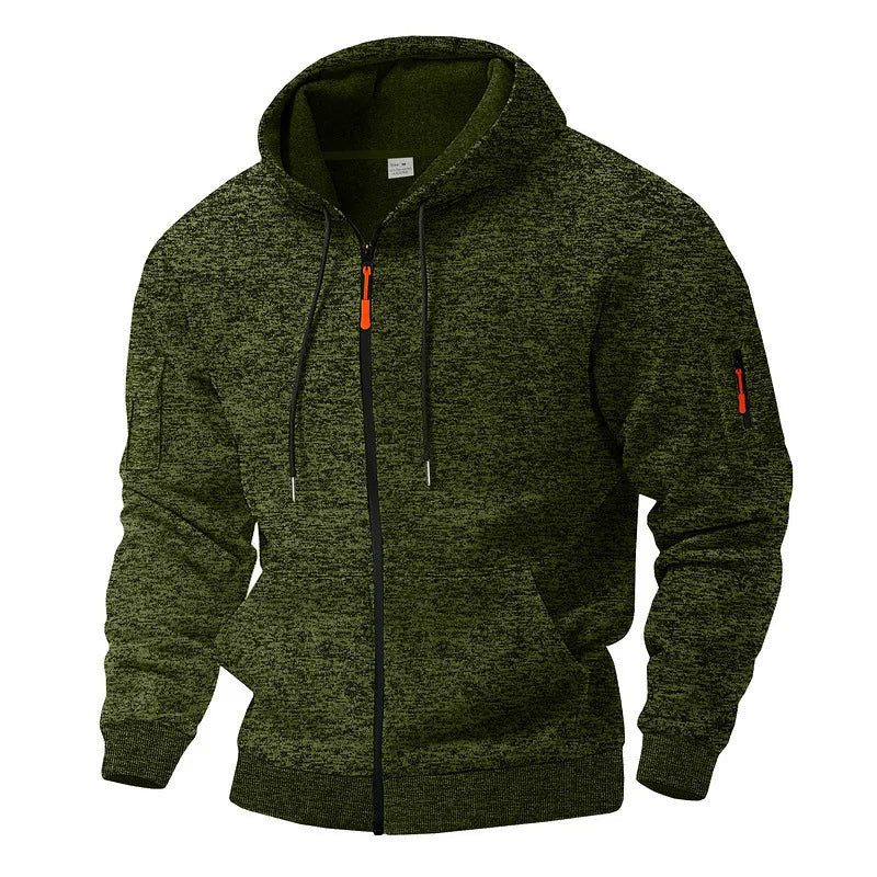Men's textured fleece hooded jacket with full zip, front pockets and sleeve zip pocket