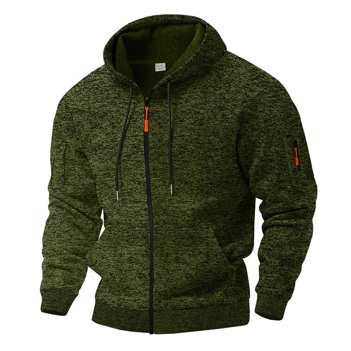 Men's textured fleece hooded jacket with full zip, front pockets and sleeve zip pocket