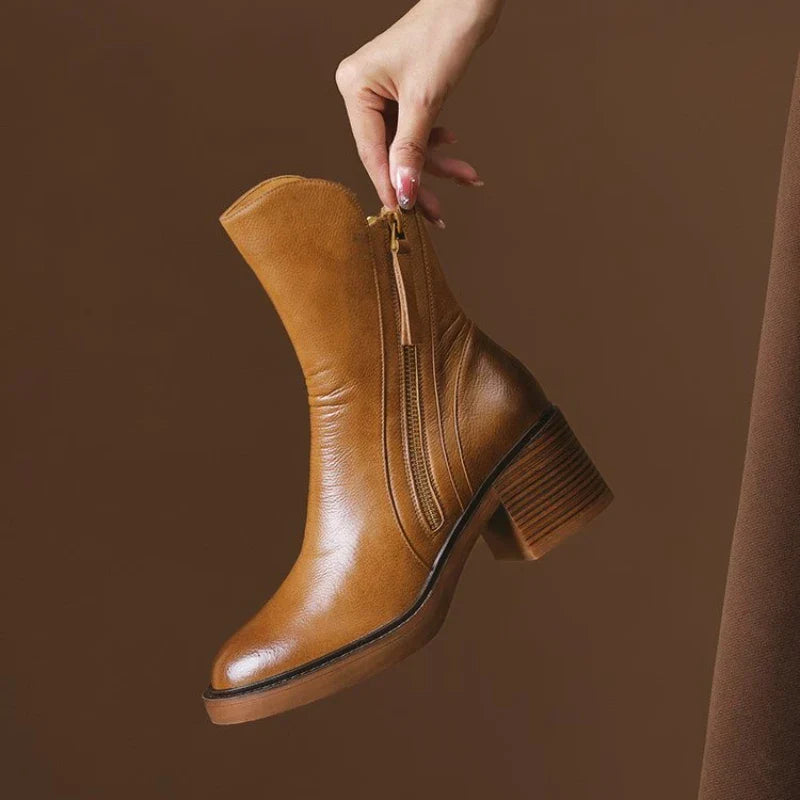 Women's ankle boots with side zippers and low block heels