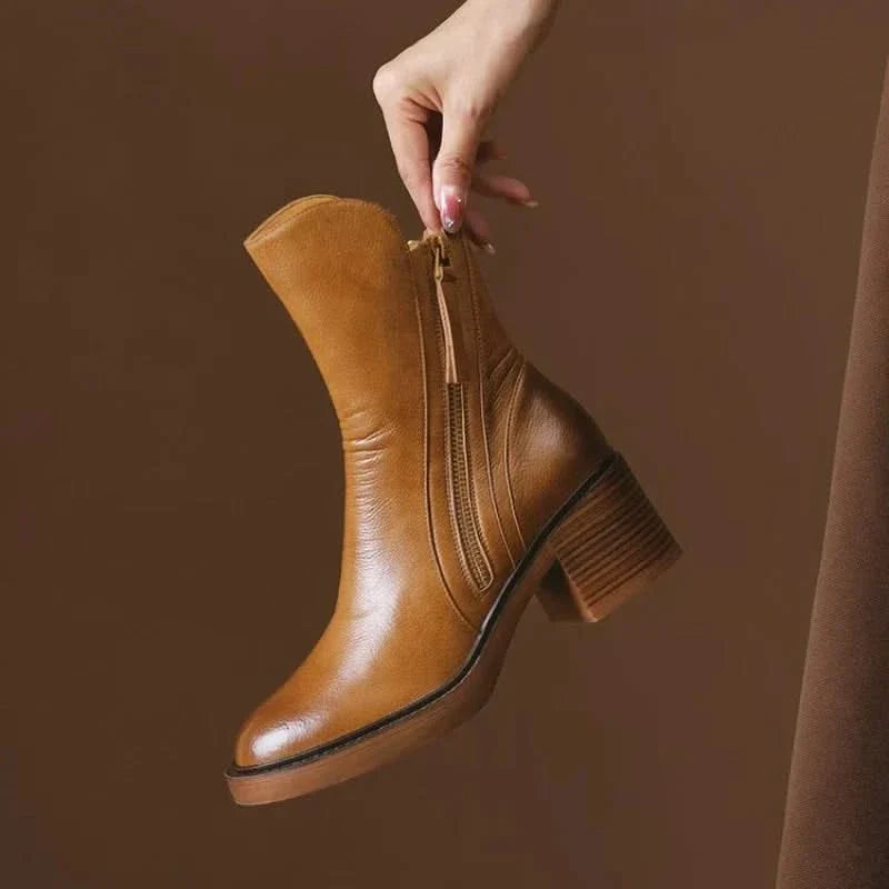 Women's ankle boots with side zippers and mid block heels