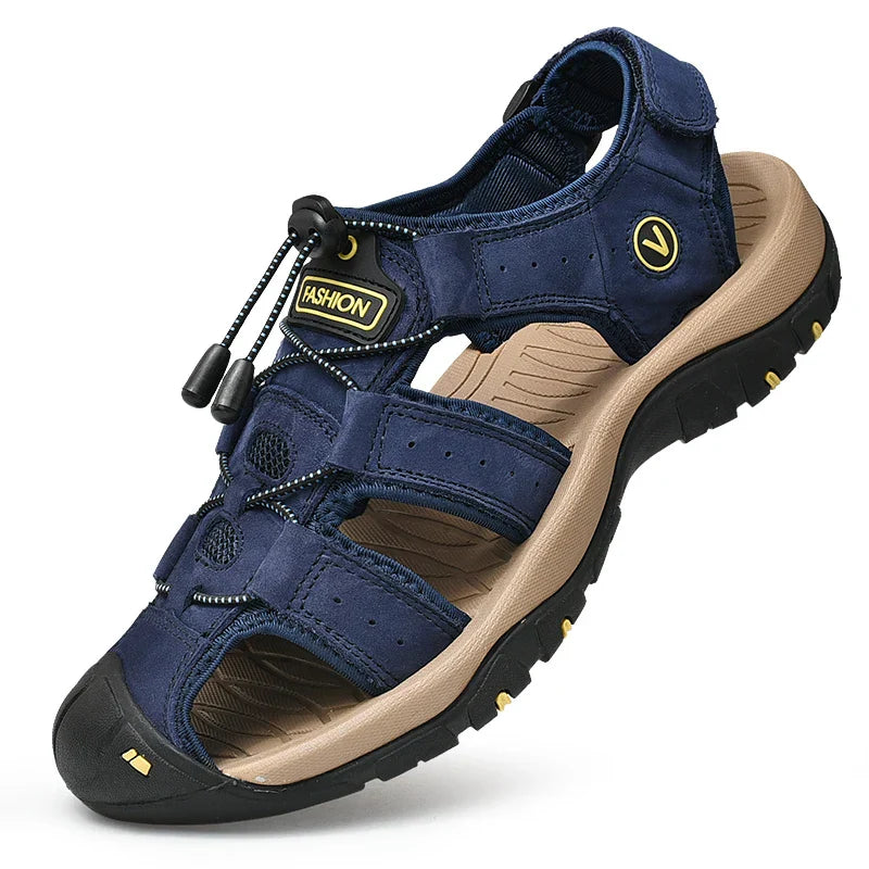 Men's brown closed-toe hiking sandals with adjustable straps and grip sole