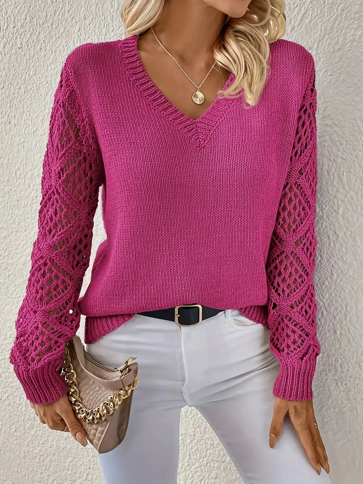 Women's V-neck jumper with long sleeves and open-knit sleeve panels