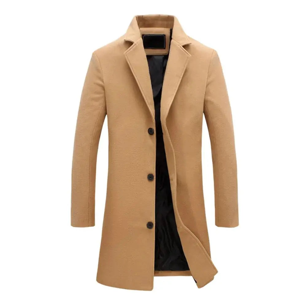 Men's tailored fit long coat with notched lapels, button fastening and side pockets