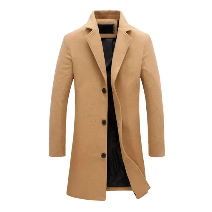 Men's tailored fit long coat with notched lapels, button fastening and side pockets