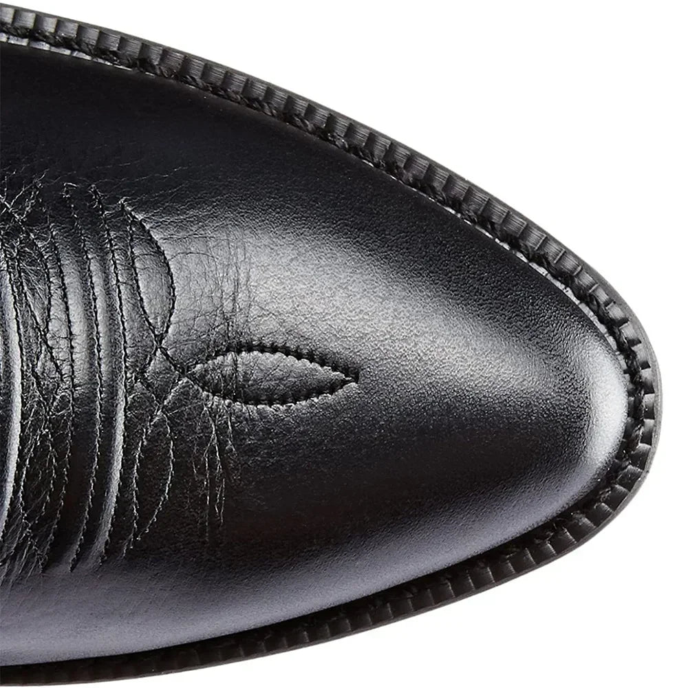 Men's tall cowboy boots with embroidered shaft detailing and low heels