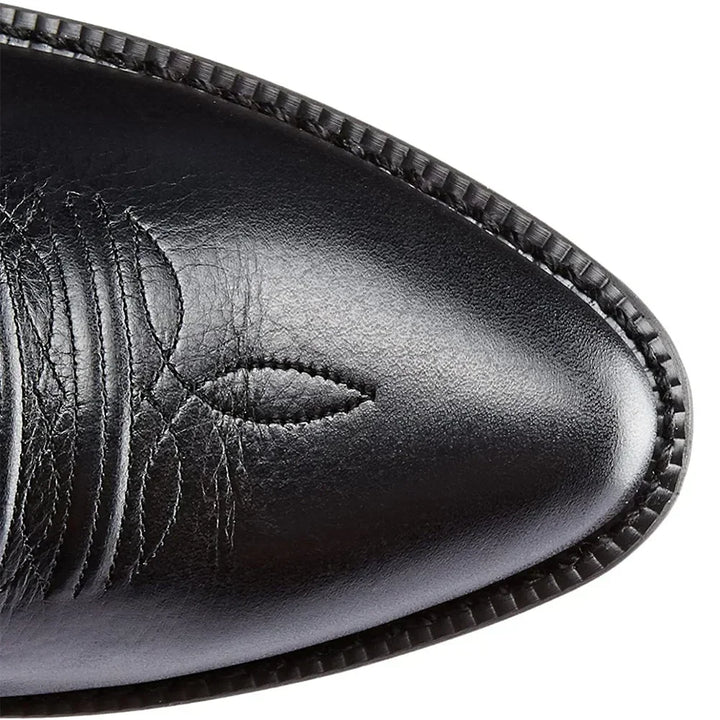 Men's tall cowboy boots with embroidered shaft detailing and low heels