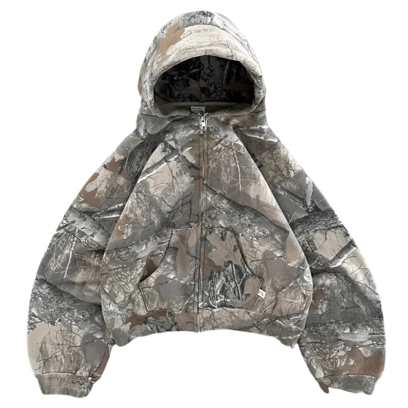 Camouflage hooded sweatshirt with full front zipper and cropped fit