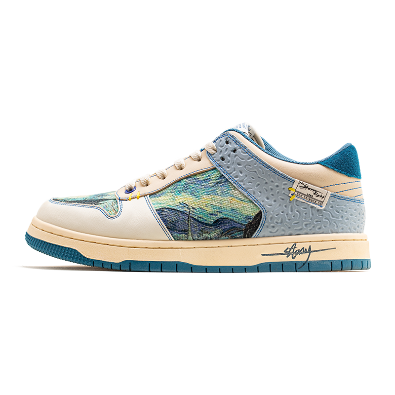Low-top sneakers with abstract scenic artwork panels and blue soles