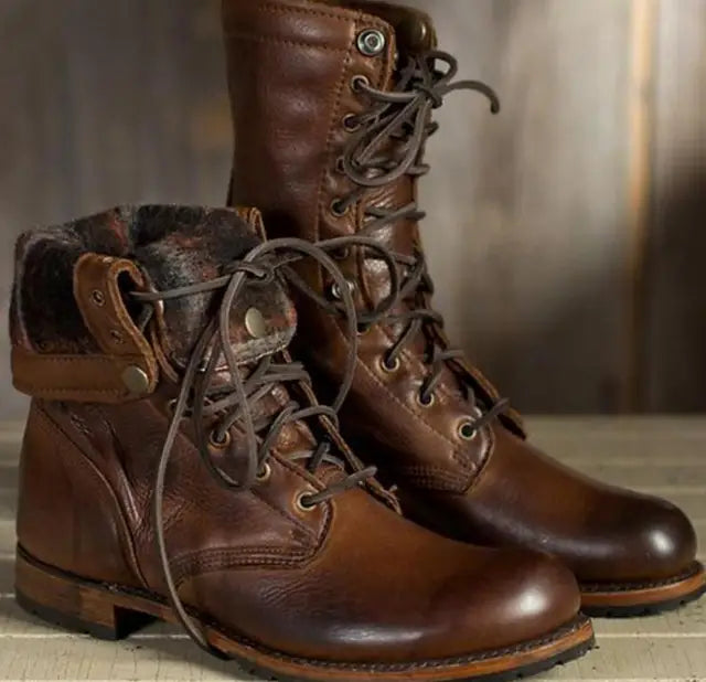 Women's lace-up combat boots with round toes and low heels