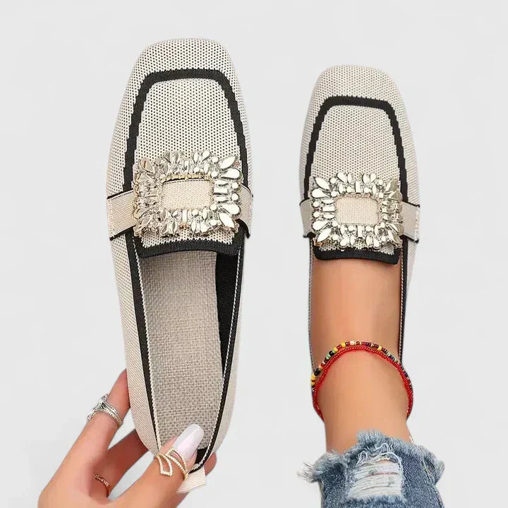 Women's square-toe loafers with decorative buckle and contrasting trim