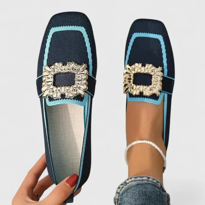 Women's square-toe loafers with decorative buckle and contrasting trim