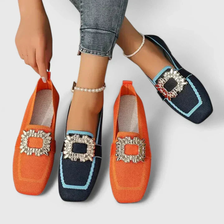 Women's square-toe loafers with decorative buckle and contrasting trim