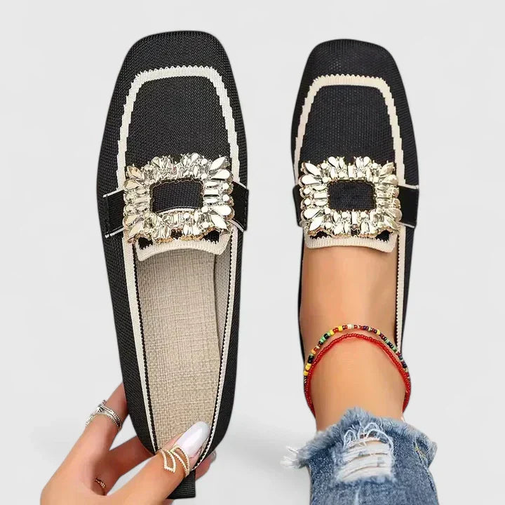 Women's square-toe loafers with decorative buckle and contrasting trim