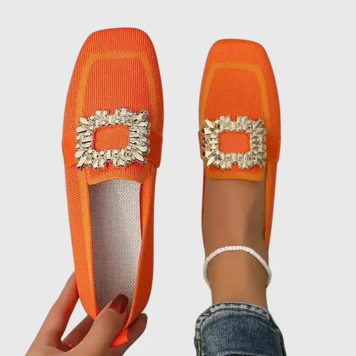 Women's square-toe loafers with decorative buckle and contrasting trim