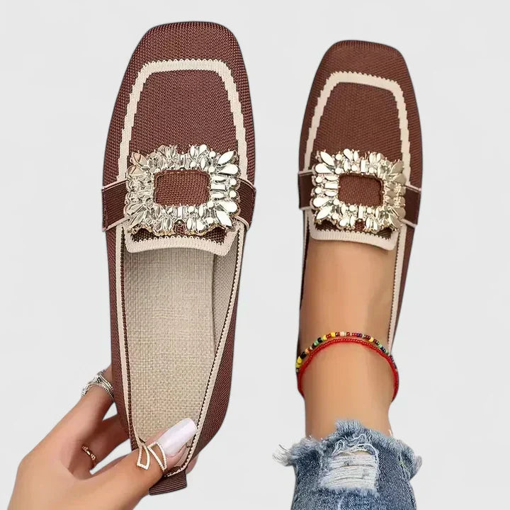 Women's square-toe loafers with decorative buckle and contrasting trim