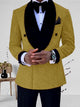 Men's 2-piece wedding suit with gold glitter jacket and black lapel collar, shown with white dress shirt