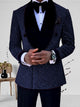 Men's 2-piece wedding suit with gold glitter jacket and black lapel collar, shown with white dress shirt