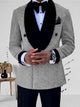 Men's 2-piece wedding suit with gold glitter jacket and black lapel collar, shown with white dress shirt