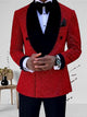 Men's 2-piece wedding suit with gold glitter jacket and black lapel collar, shown with white dress shirt
