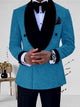 Men's 2-piece wedding suit with gold glitter jacket and black lapel collar, shown with white dress shirt