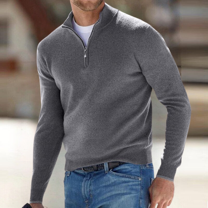 Men's plain quarter zip jumper with mock neck and long sleeves