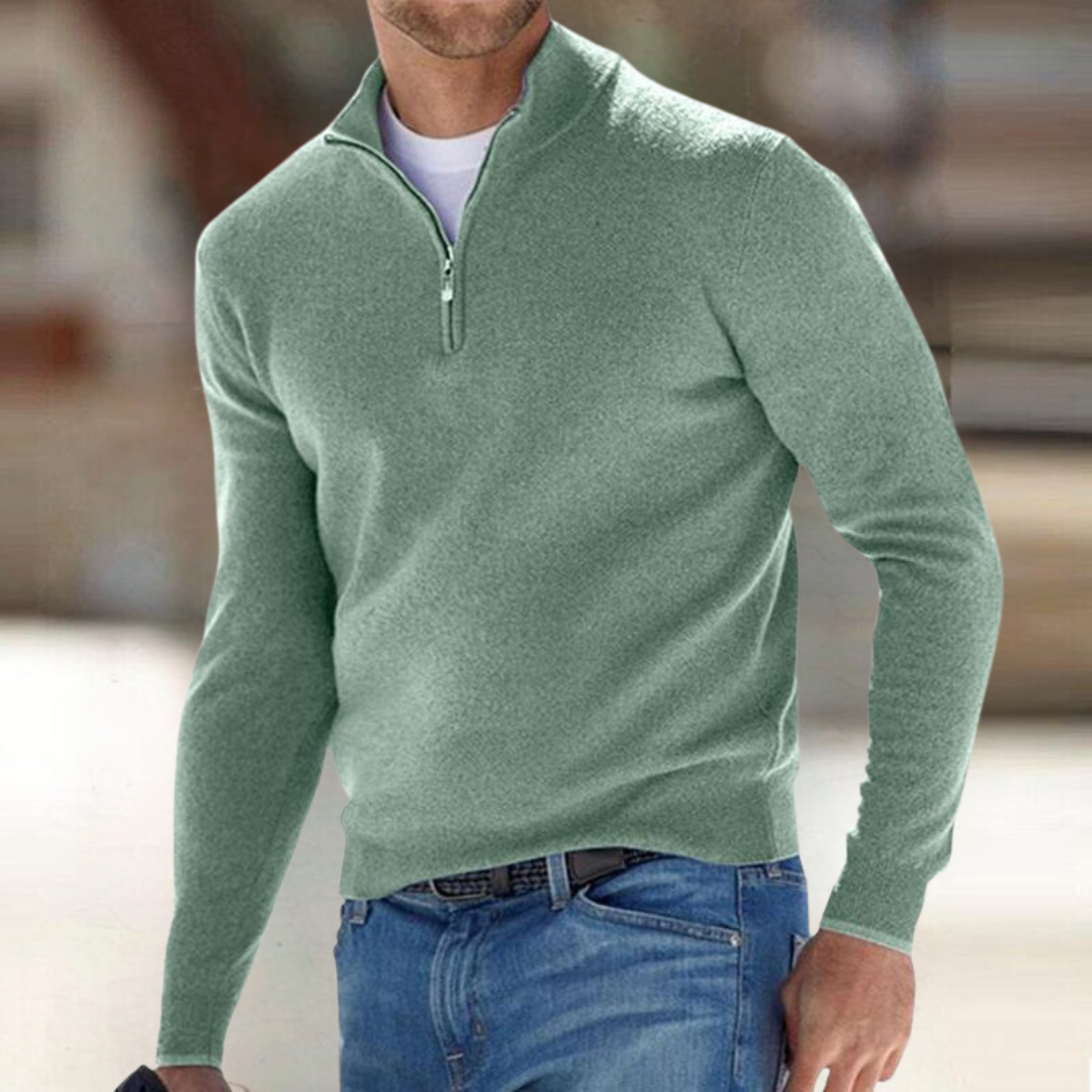 Men's plain quarter zip jumper with mock neck and long sleeves