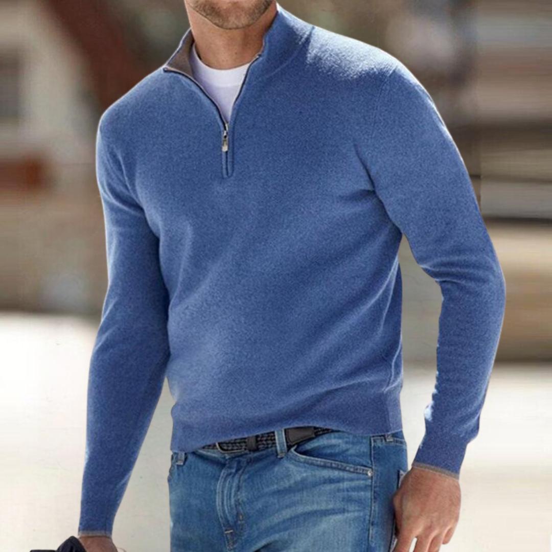 Men's plain quarter zip jumper with mock neck and long sleeves