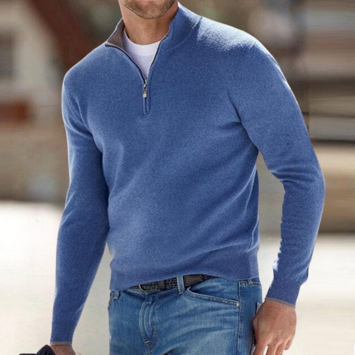 Men's plain quarter zip jumper with mock neck and long sleeves