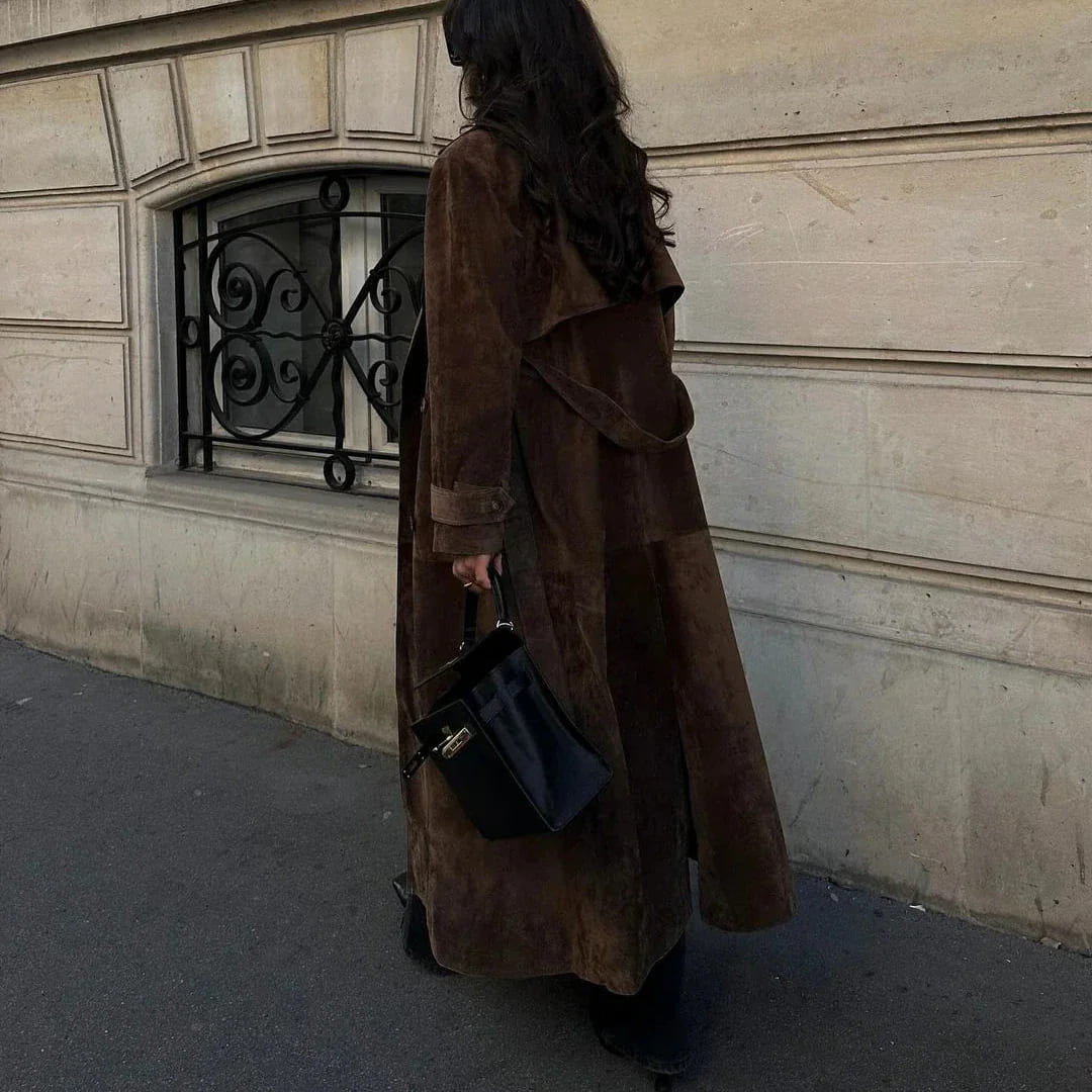Women's brown longline double-breasted coat with lapel collar