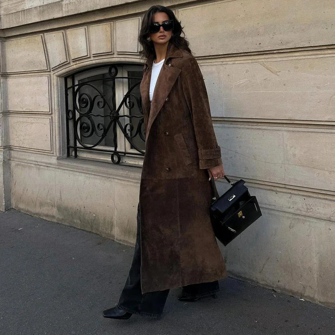 Women's brown longline double-breasted coat with lapel collar
