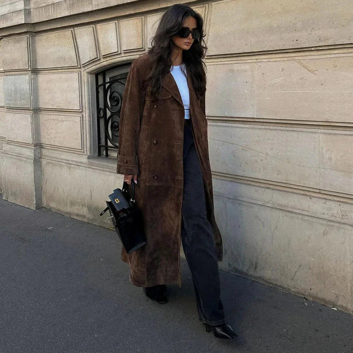 Women's brown longline double-breasted coat with lapel collar
