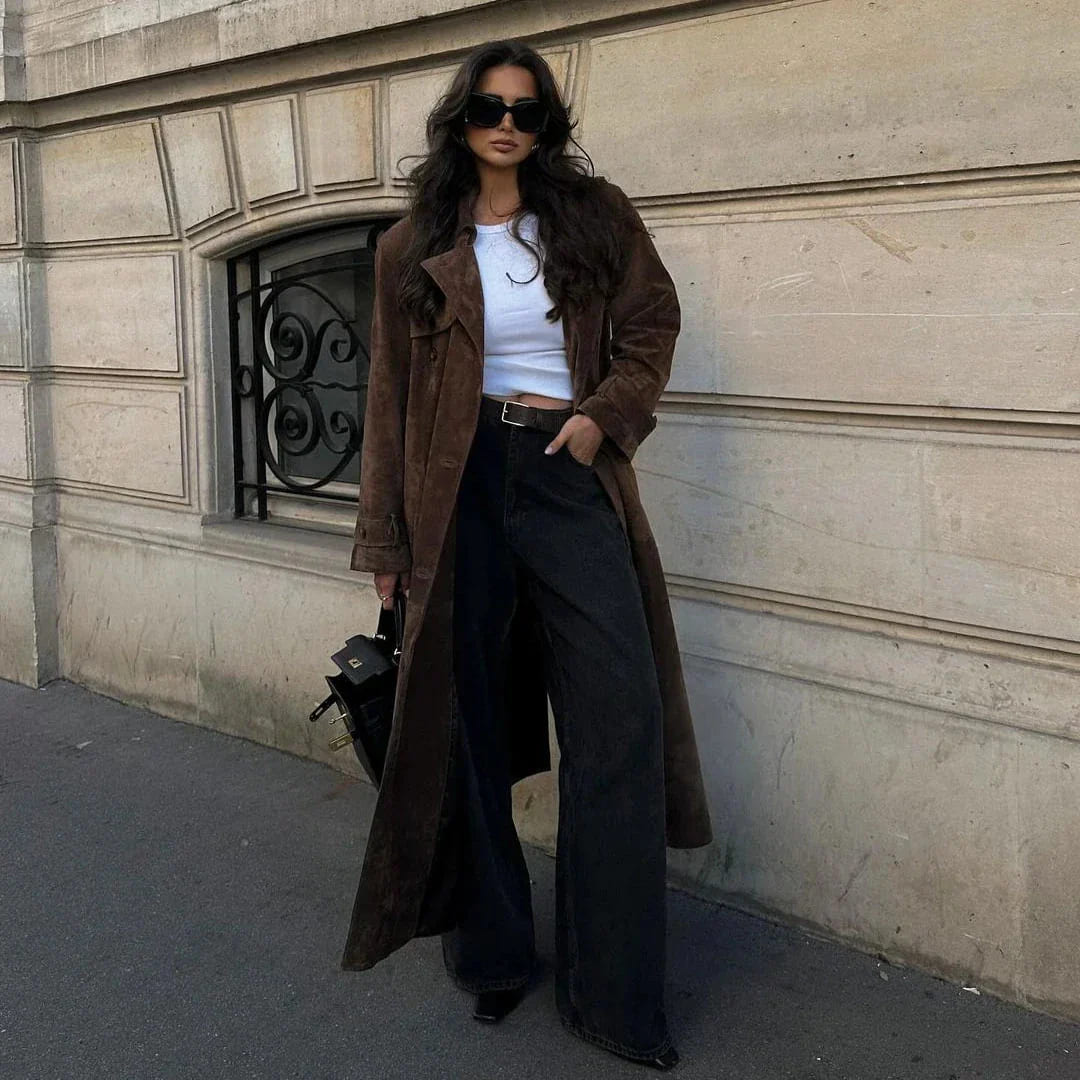 Women's brown longline double-breasted coat with lapel collar
