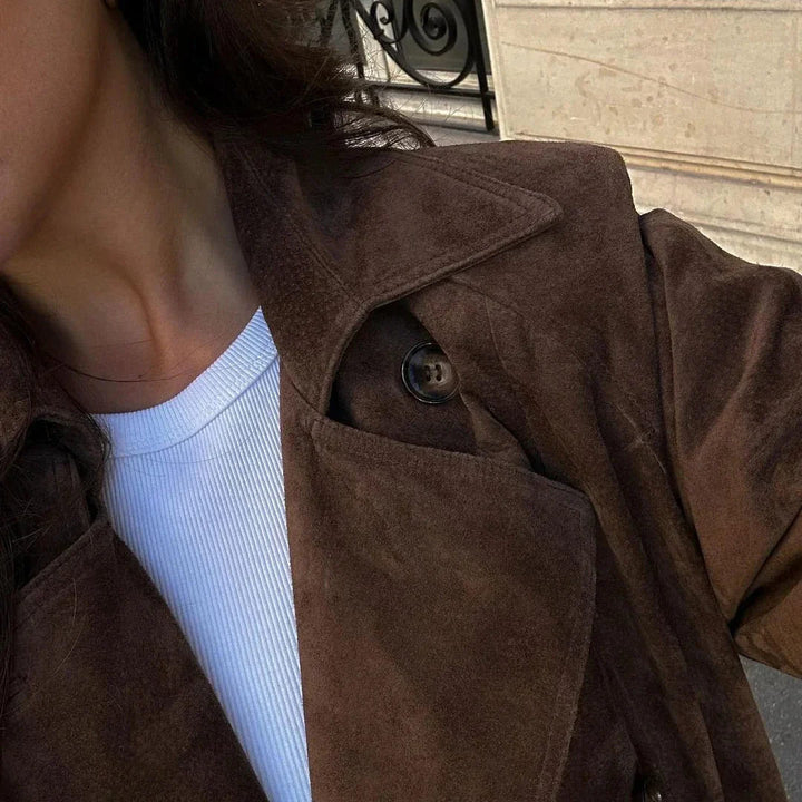 Women's brown longline double-breasted coat with lapel collar