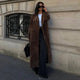 Women's brown longline double-breasted coat with lapel collar