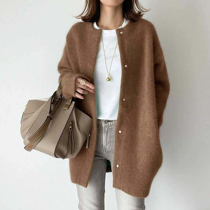Women's long textured button-front cardigan coat with crew neckline and long sleeves