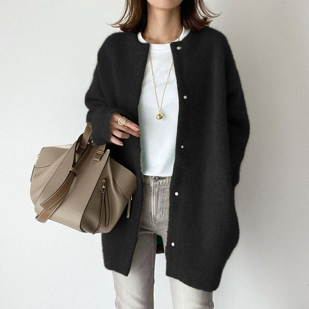 Women's long textured button-front cardigan coat with crew neckline and long sleeves