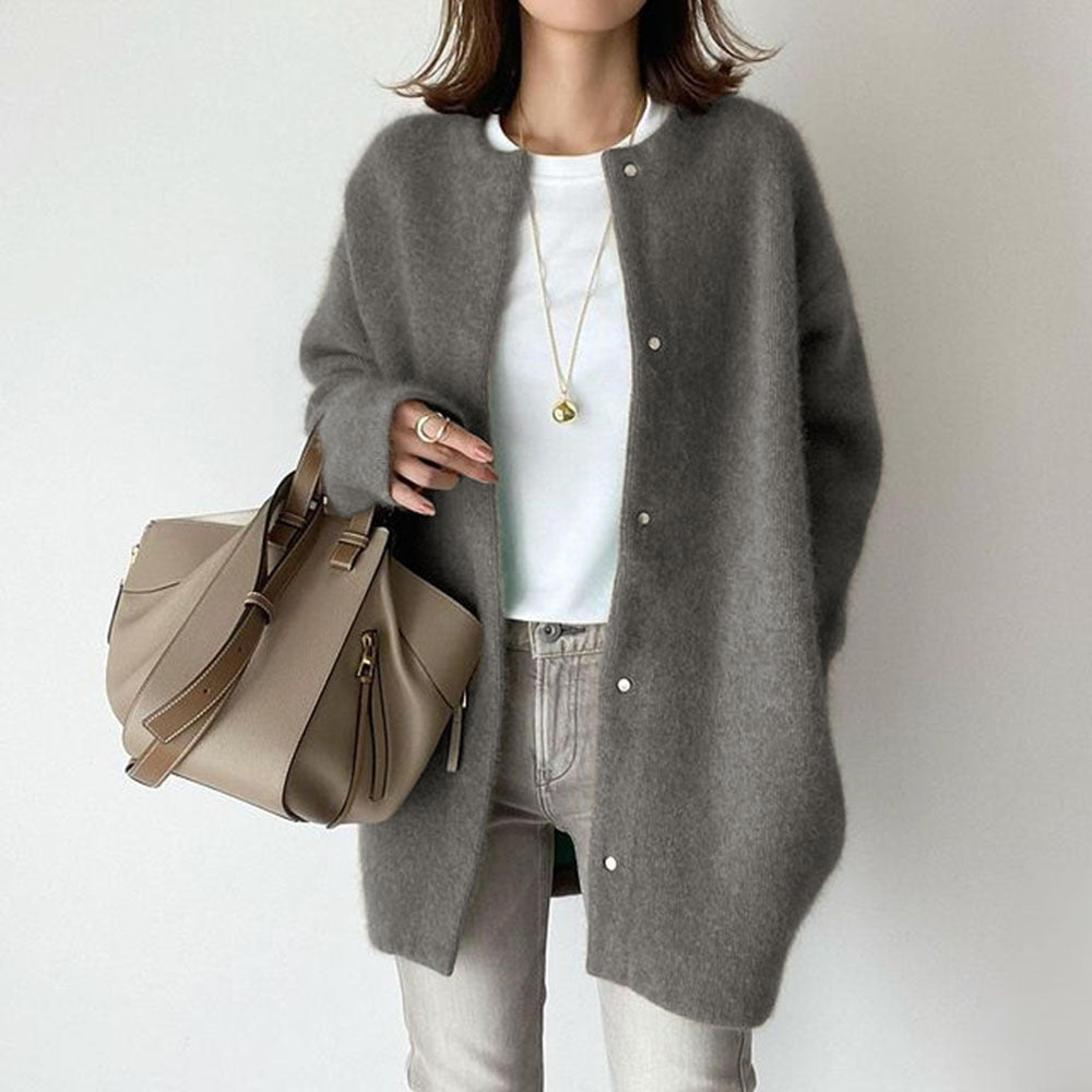 Women's long textured button-front cardigan coat with crew neckline and long sleeves