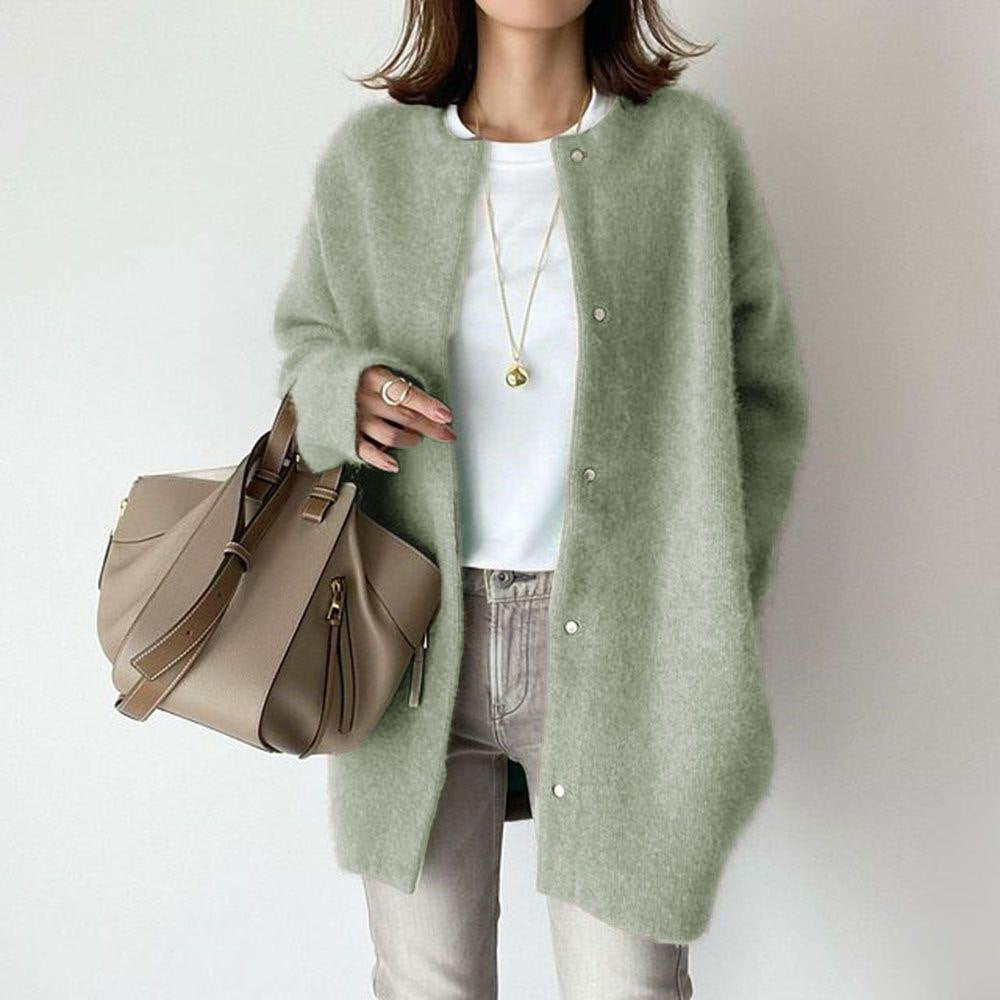 Women's long textured button-front cardigan coat with crew neckline and long sleeves