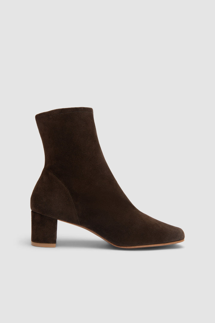 Women's brown ankle boots with square toes, side zippers and mid block heels
