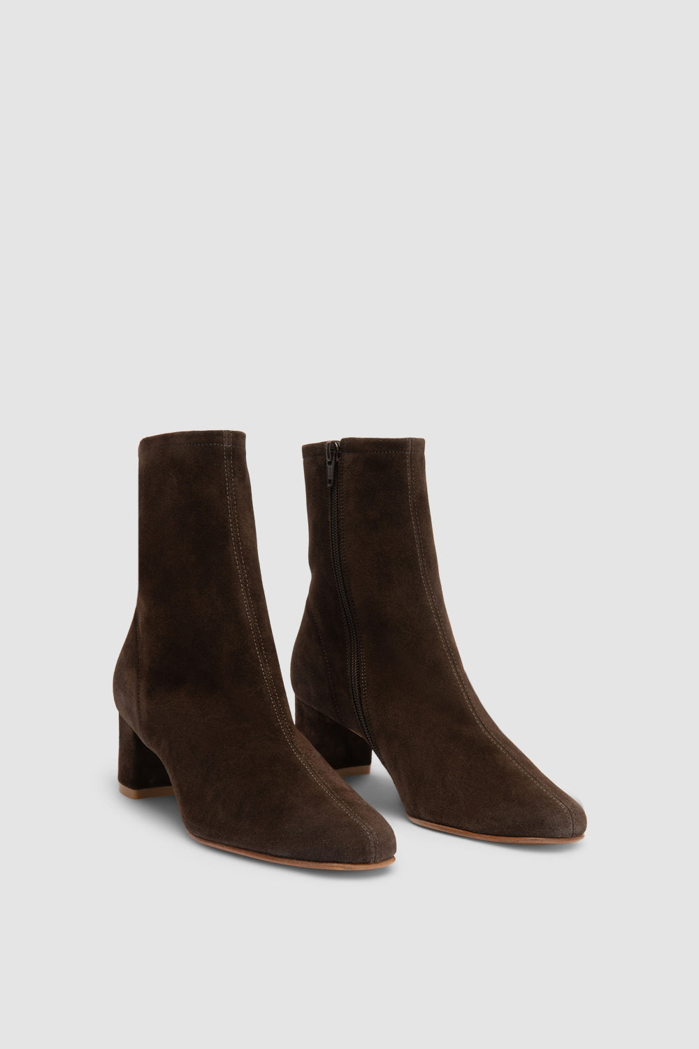 Women's brown ankle boots with square toes, side zippers and mid block heels