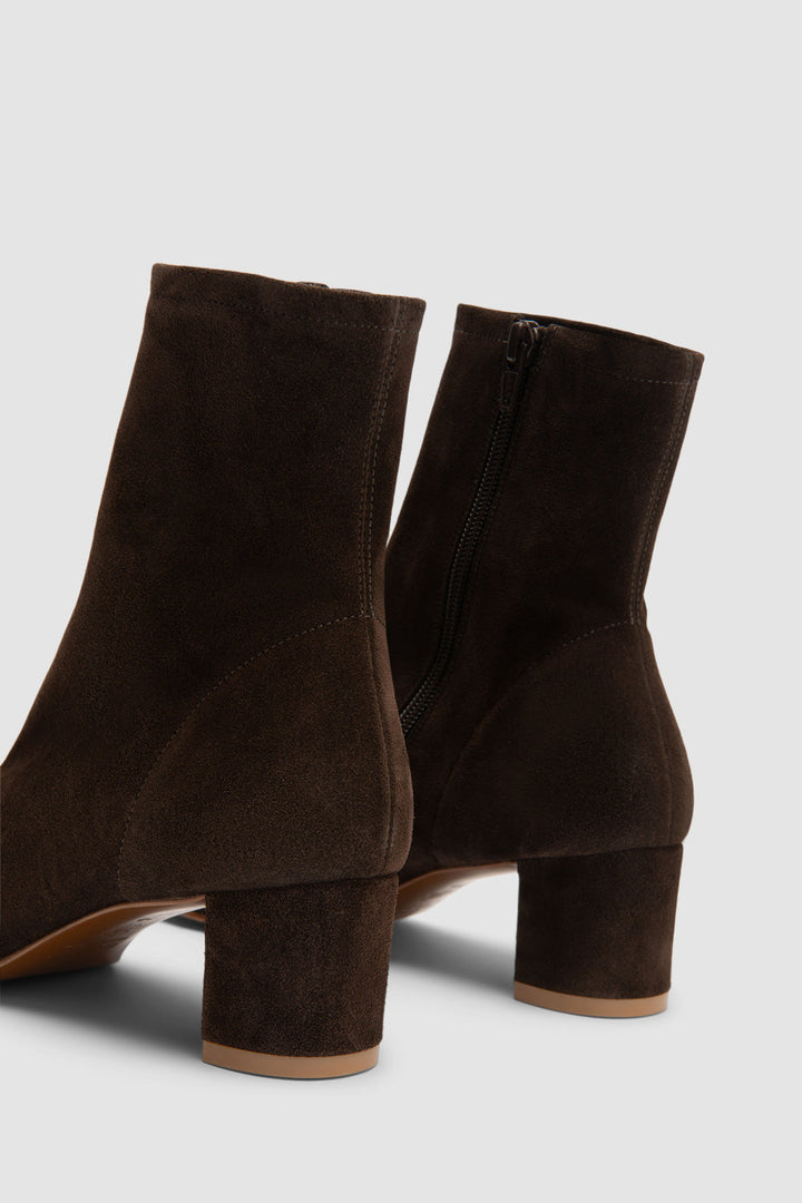 Women's brown ankle boots with square toes, side zippers and mid block heels