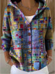 Women's multicoloured abstract hooded cardigan with long sleeves and button front